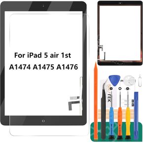 SRJTEK Screen Replacement For iPad 5 air 1st Gen A1474 A1475 A1476 Screen Replacement Touch Digitizer Glass Sensor Assembly - Home Button Camera Holder Pre Installed Adhesive Stickers Black