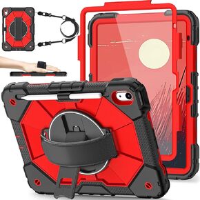 Case for iPad 10th Generation iPad Case 10.9 Inch with Screen Protector 10th Gen iPad Case Kids Cover for iPad 10th Generation Pencil Holder 360° Rotating Stand Shoulder Strap, Black Red
