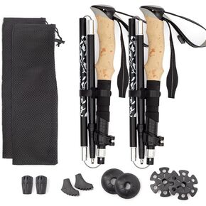 Trekking Poles for Hiking and Walking Sticks for Seniors, Collapsible and Lightweight, 2pc Set - Hiking Essentials for Men and Women, Comfortable Real Cork and EVA Foam Grips (Black)