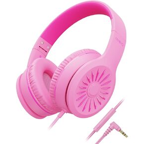 Wired Headphones with Microphone, K16 On-Ear Headphones for Kids with 3.5MM Jack, Foldable Stereo Bass Headphones for Teens School Amazon Kindle, Fire, Chromebook, Tablet(Light Blue Red)