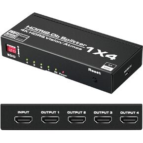 HDMI Splitter 1 in 4 Out V2.0 Powered HDMI Splitter with 4 Outputs,AC Adapter and EDID for Duplicate or Mirror Screen,Support 4Kx2K@60Hz,UHD and 3D,Compatible with PS4, Fire Stick,HDTV