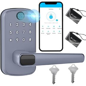 Smart Door Lock with Handle: Keyless Entry Door Lock with Keypad, Fingerprint, and App Control - Biometric Door Lock for Home Security - Easy Installation (Silver Gray)