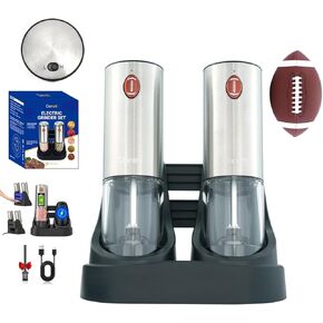 Rechargeable Electric Salt and Pepper Grinder Set (2pcs), Adjustable Speed & Coarseness, Automatic Salt Pepper Shakers with LED Light and Charging Base, Stainless Steel