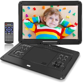 16.9" Portable DVD Player, 14.1" Large HD Screen with Car Headrest Case, 5-6 Hrs Rechargeable Battery, Supports Multiple Disc Formats, SD Card, USB, Sync TV, Dual Speaker, Black