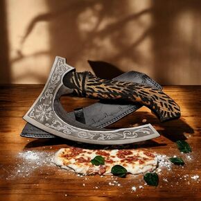 Hand Forged Axes Viking Axe Real Weapon Mens Axes Gifts for Him- with Black Etching Authentic Medieval Pizza Cutter Axe, Norse Pizza Axe Gift, Carbon Steel Viking Axe with Sheath