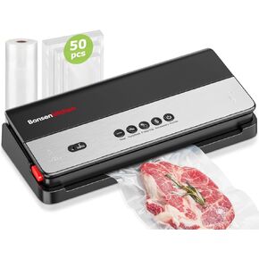Bonsenkitchen Vacuum Sealer Machine, Multi-Functional Food Sealer, Built-in Cutter & Bag Storage, Globefish Technology for High-Speed Continuous Working, Include 50 Vacuum Bags & 1 Roll Bag, Black
