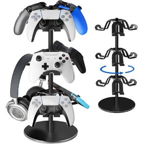 Controller Holder Stand 3 Tiers, Rotatable Gaming Headset Stand Compatible with Xbox PS5 PS4 Nintendo Switch, Aluminum Headphone Organizer Rack, Desk Mount for 9 Packs Controller (Black)