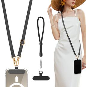 TiMOVO Phone Crossbody Strap, Adjustable Phone Lanyard with 1× Leather Phone Strap, 1× Wrist Strap, 1× Pads, Crossbody Phone Lanyards, Adjustable Phone Chain Compatible with Most Smartphones, Black