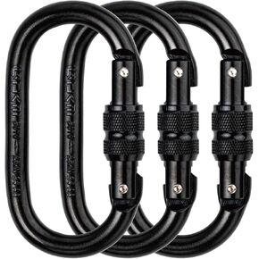 Defender CE Certified 25kN Screwgate Locking Carabiner in Size 4.21 x 2.24 inch, Heavy-Duty Carabiners for Climbing, Rappelling, and Mountaineering, Carbon Steel, Midnight Black, 3 Pack