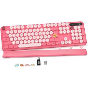 Wireless Keyboard, Round Keycaps, Retro Typewriter Keyboard with Detachable Wrist Rest, Sleep Mode, Foldable Legs, 2.4GHz Full-size Cordless Computer Keyboard for Windows/PC/Laptop (Colorful-Pink)