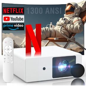[1300 ANSI/Netflix Licensed/Dolby Audio] Projector with WiFi Bluetooth Portable Outdoor - 4K Smart Ceiling Projector with Built in Apps, Wireless Home Theater for Bedroom, 20% Zoom/500", HDMI/Phone/PC