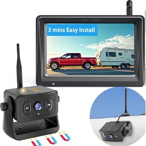 Wireless Backup Camera, Solar Rear View Cam with HD 5" Monitor, Easy Installation No Wiring No Drilling, Rechargeable Battery, Strong Magnetic Back up Cameras Systems for Truck Car RV Camper Trailer