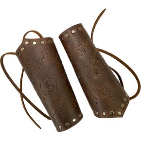 Viking Bracer (2 Pack) Handmade from Full Grain Leather - Viking Style Hand Protector for Archery, Medieval Armband, Durable Wrist Guard with Adjustable Straps - Bourbon Brown