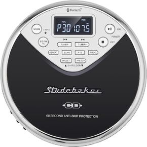 Studebaker SB3706 Personal Bluetooth MP3 CD Player w/Digital FM Radio, FM Transmitter and Built-in Rechargeable Battery (Black & White)