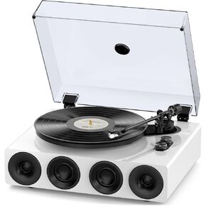 1 by ONE All-in-One Record Player with Bluetooth Input, High Fidelity Belt Drive Turntable with Built-in Speakers, Magnetic Cartridge AT-3600L, Built-in Preamp, Piano Lacquer White
