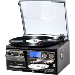 9 in 1Retro 3-Speed Turntable with Bluetooth, AM/FM Radio, CD/Cassette Playback, USB/SD/MMC Playback, Remote Control, and Built-in Speakers Support Aux in/RCA Out