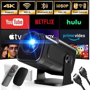 [Built-in App] Mini Projector 1920*1080P 4K Support Projector with Mouse Portable Projector with WiFi and Bluetooth 180° Adjustable Auto Keystone HDMI/TV Stick/USB/PS5/Laptop, with HDMI Cable & Mouse