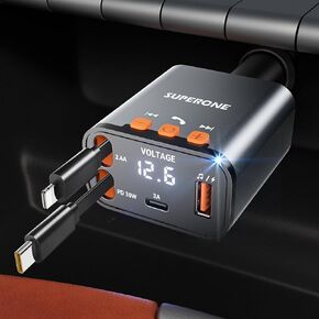 SUPERONE Small Bluetooth 5.3 Car Adapter with Retractable Cables, 69W Retractable Car Charger with Bluetooth, FM Transmitter Radio Receiver with Handsfree Calling, MP3 Music Player, LED Display