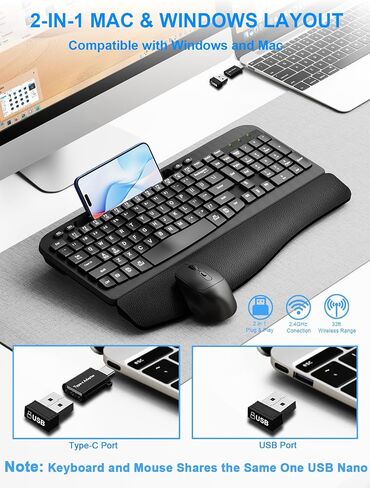 Wireless Keyboard and Mouse Combo, Wave Keys Computer Ergonomic Keyboard with Cushioned Plam Rest, Phone Holder, 2.4GHz Silent 6 Button Wireless Mouse Set for Laptop, PC, Windows, Mac (Black) in Saudi Arabia