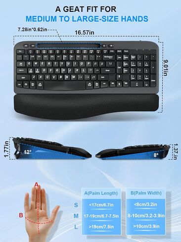 Wireless Keyboard and Mouse Combo, Wave Keys Computer Ergonomic Keyboard with Cushioned Plam Rest, Phone Holder, 2.4GHz Silent 6 Button Wireless Mouse Set for Laptop, PC, Windows, Mac (Black) in Saudi Arabia