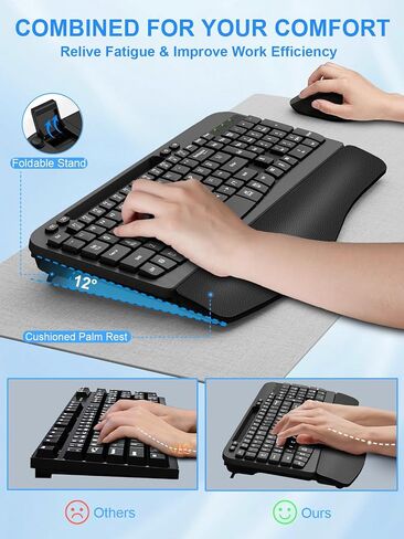 Wireless Keyboard and Mouse Combo, Wave Keys Computer Ergonomic Keyboard with Cushioned Plam Rest, Phone Holder, 2.4GHz Silent 6 Button Wireless Mouse Set for Laptop, PC, Windows, Mac (Black) in Saudi Arabia