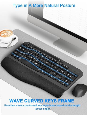 Wireless Keyboard and Mouse Combo, Wave Keys Computer Ergonomic Keyboard with Cushioned Plam Rest, Phone Holder, 2.4GHz Silent 6 Button Wireless Mouse Set for Laptop, PC, Windows, Mac (Black) in Saudi Arabia
