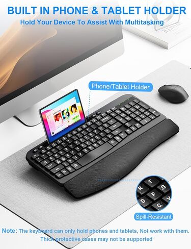Wireless Keyboard and Mouse Combo, Wave Keys Computer Ergonomic Keyboard with Cushioned Plam Rest, Phone Holder, 2.4GHz Silent 6 Button Wireless Mouse Set for Laptop, PC, Windows, Mac (Black) in Saudi Arabia