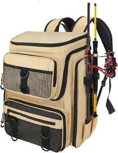 Vangue Fishing Backpack with Rod Holders Waterproof Rain Cover Large Tackle Box Store Fishing Accessories for Fishing Camping Hiking Gift for Men Father (beige) in Saudi Arabia