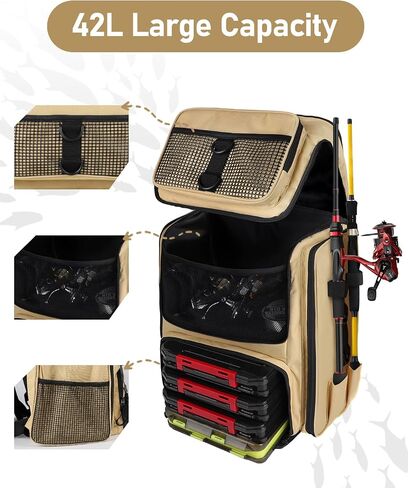 Vangue Fishing Backpack with Rod Holders Waterproof Rain Cover Large Tackle Box Store Fishing Accessories for Fishing Camping Hiking Gift for Men Father (beige) in Saudi Arabia