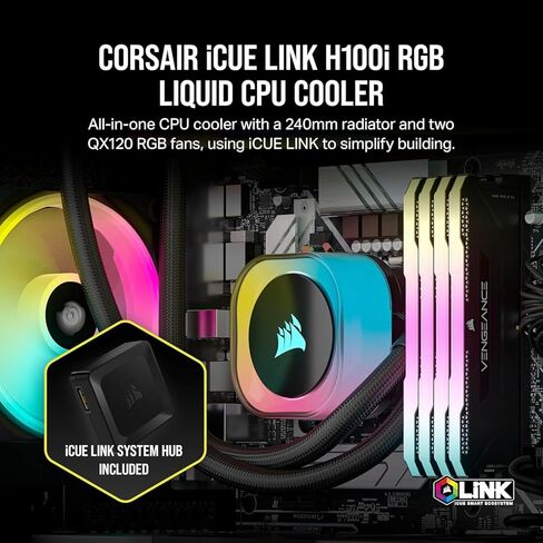 CORSAIR ICUE LINK H100I RGB CPU CPU مبرد - 240 مم AIO - معجبين QX120 RGB - FITS Intel® LGA 1700 ، AMD® AM5 - ICUE LINK SYSTEM HUB المضمّن - الأسود (متجدد) in Kuwait