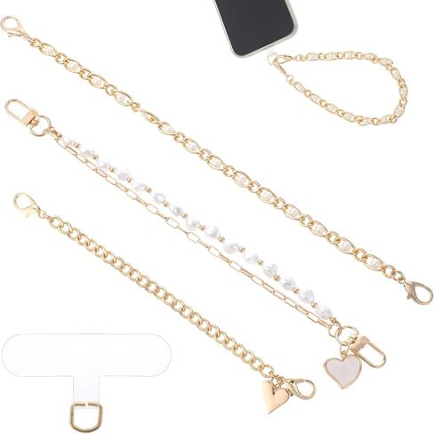 Lusofie 3 Pcs Phone Wrist Strap Pearl Beaded Phone Wrist Lanyard Gold Phone Charm Hook Heart Phone Charms Strap Clip and Go Phone Strap with 3 Pcs Clear Tether Tab in Saudi Arabia