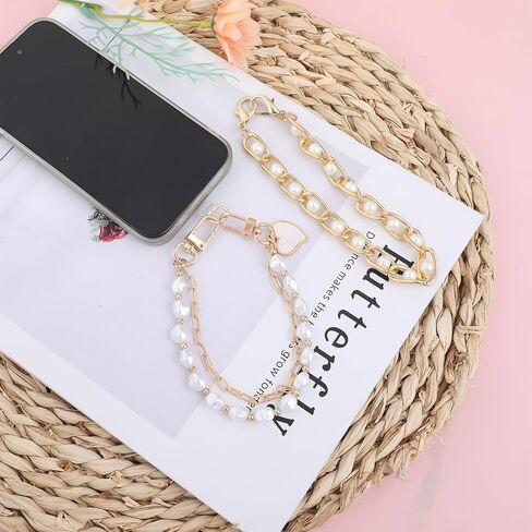 Lusofie 3 Pcs Phone Wrist Strap Pearl Beaded Phone Wrist Lanyard Gold Phone Charm Hook Heart Phone Charms Strap Clip and Go Phone Strap with 3 Pcs Clear Tether Tab in Saudi Arabia