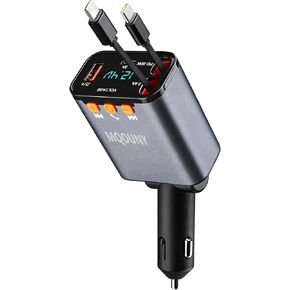 Retractable Car Charger,5 in 1 Fast Car Phone Charger 60w,Bluetooth 5.3 FM Transmitter Adapter,Handsfree Call Car Charger,MP3 Player,2 Retractable Cables and USB Car Charger, for Phone,Galaxy,Pixel