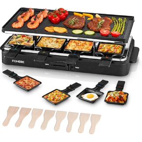 FOHERE Raclette Grill, 2 in 1 Korean BBQ Grill Indoor, 1500W Raclette Table Grill with Reversible Non-stick plate, Adjustable Temperature Control and 8 Paddles for Parties Family