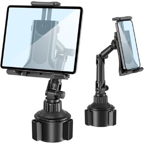 Cup Holder Car Tablet Mount, Universal 360° Rotation Adjustable Long Arm, for 4"-12" Cell Phone iPhone iPad, Travel Accessories