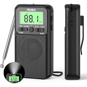 PRUNUS J-128 Pocket AM FM Radio Portable with Battery Operated Radio by 2 AA,Automatic Station,Headphone Jack,Back Clip,Flashlight,Large Screen,Lock Key Walkman Radio, Sleep Timer,Digital Radio