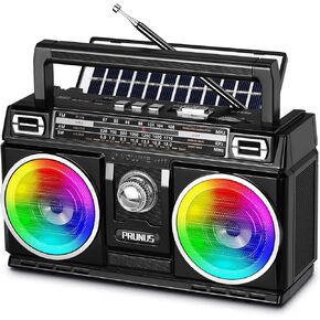 PRUNUS 750 AM FM Radio Portable with Bluetooth Speaker, USB TF Card Playing, Solar/USB-C Rechargeable Radio, Double Speaker, Colorful Light, Transistor Radios Portable AM FM, Bluetooth Radio