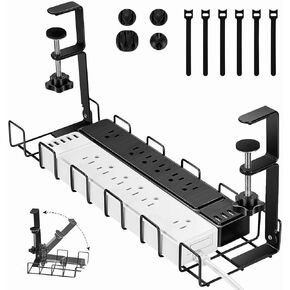 Under Desk Cable Management Tray, No Drill No Assembly Desk Cable Organizer Kit, Wire Management Rack with Cable Clips & Ties, Sturdy Computer Cord Organizer with Clamp for Home Office