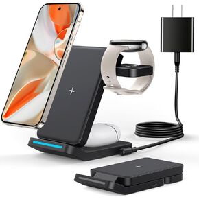 Upgarded Foldable 3 in 1 Wireless Charger for Google Pixel Watch 3/2, Charger Stand for Pixel 9 Pro/XL/9/8 Pro/8a/8/7/Pro/7/6/Pro and Pixel Buds Pro/2(Not for Pxiel 9 Pro Fold) with Adapter, Black