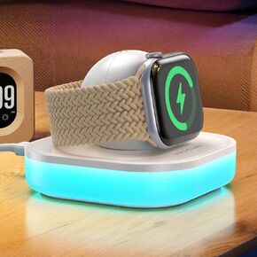 Magnetic Charger for Apple Watch Charger Stand, Portable iWatch Charger Dock with Adjustable Colorful Light & USB Cable, Compatible with Apple Watch Series 10 9 8 7 SE 6 5 4 3 2/Ultra 2-White