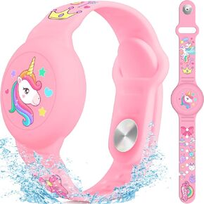 Waterproof Air Tag Bracelet for Kids, Unicorn Air Tag Holder for Kids with Full Coverage Hidden Design, Silicone Airtag Wristband for Child, Pink