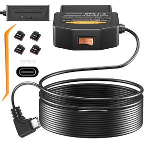 OBD2 OBD Power Cable for Dash Camera, OBD to Type-C USB OBDII Adapter Hardwire Charger Cable 24 Hours Surveillance and Acc Two Mode with Switch Button and Low Voltage Protection, 12-36V to 5V/3A