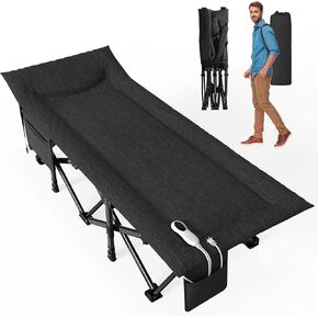 Slendor Camping Cot for Adults, Padded Folding Camping Cots for Sleeping, Heated Camp Bed, 1200D Double Layer Camp Cot Bed for Office, Home, RV, Tent, Black
