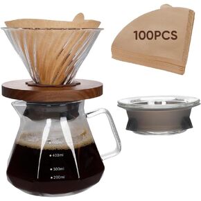 20oz Drip Coffee Maker - 600 ml Borosilicate Glass Carafe with 100 pcs V60 Paper Filter - Walnut Handle & Glass Lid for Home Café Restaurant Camping (Clear)