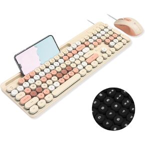 X9 Wired Retro Keyboard and Mouse Combo - Typewriter Keyboard with Round Keycaps, 109 Silent Keys Fullsize Cute Keyboard with Phone/Tablet Dock, Backlit Pastel Colorful Keyboard - Brown