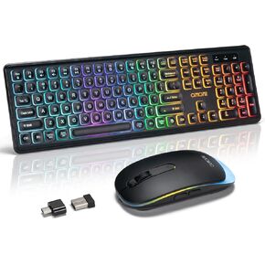 CHONCHOW Wireless Keyboard and Mouse Combo, Rechargeable Rainbow LED Light Up Wireless Keyboard and Mouse 2.4GHz Quiet Wireless Mouse and Keyboard for Mac, Windows, Laptop, PC Xbox PS4 PS5