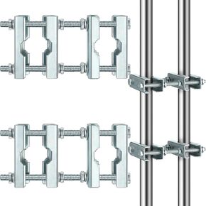 2 Pack Double Antenna Mast Clamp with V Jaw Block, Mast to Mast Bracket Kit for 1"-2.5" OD Poles, Heavy Duty Pole to Pole Mounting Hardware Kit Bracket Holder for TV Ham, Flag Post, Parasols