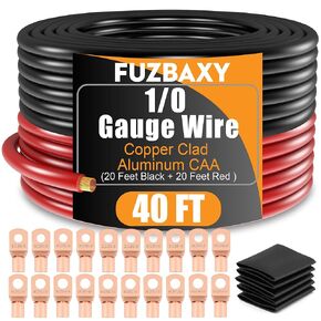 40FT 0 Gauge Wire (20 Feet Black+20 Feet Red) Copper Clad Aluminum Primary Automotive Wire Power/Ground,20pcs Lugs Terminal Connectors,with 20PCS Heat Shrink Tubing