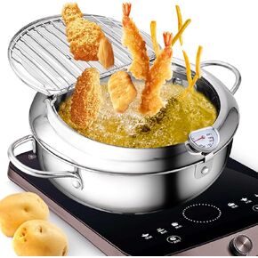 3.4L (9.4inch, 24cm) Deep Fryer Pot, Japanese Style 304 Stainless Steel Deep Fryer for Oil Recycling, Deep Fryer Pot with Temperature Gauge