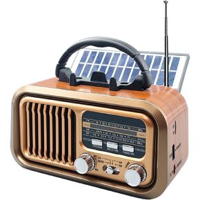 Portable Vintage Retro Radio AM FM with Excellent Reception, Transistor Shortwave Radio Rechargeable, D Battery or Solar Powered, Music Speaker Radio Support Mirco SD/TF Card USB Player